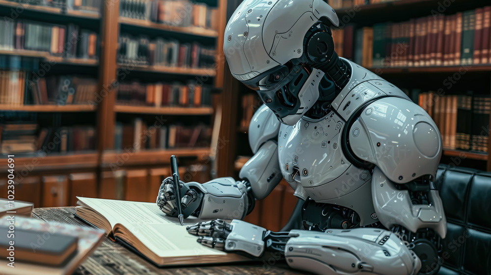 Robot is sitting at a desk and writing in a book. The robot is white and has a robotic arm. The robot appears to be focused on its task Robot is sitting at a desk and writing in a book. The robot is white and has a robotic arm. The robot appears to be focused on its task