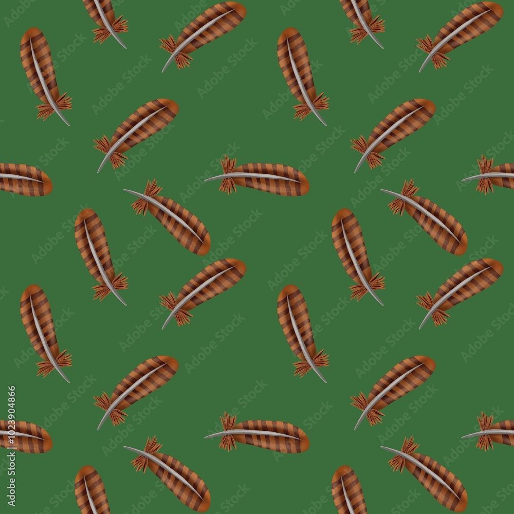 Wild Turkey Feathers Pattern with Green Background Wild Turkey Feathers Pattern with Green Background