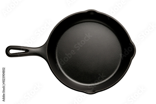 Black cast iron skillet on a white isolate background. transparent background