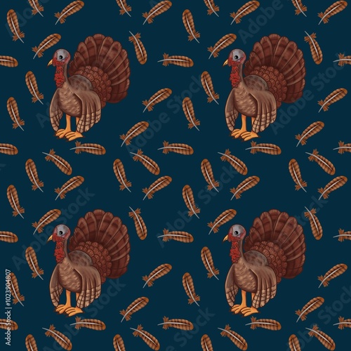 Turkey and Feathers Seamless Pattern Design with Dark Blue Background