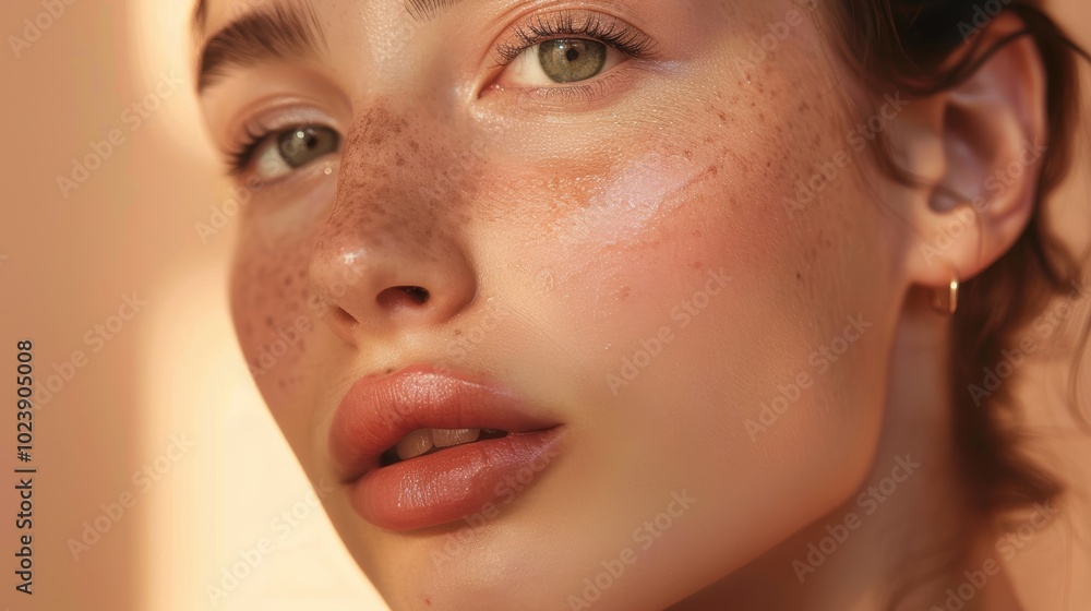 Portrait of a young woman showcasing natural beauty and confidence in a studio setting, focusing on skincare, healthy makeup, and a radiant complexion Portrait of a young woman showcasing natural beauty and confidence in a studio setting, focusing on skincare, healthy makeup, and a radiant complexion