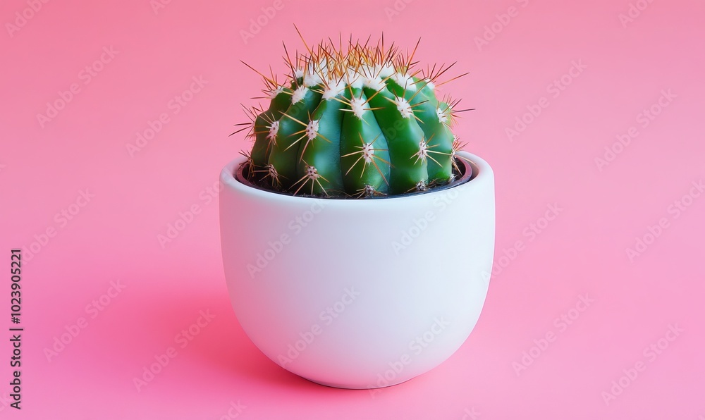A small cactus plant is sitting in a white pot on a pink background A small cactus plant is sitting in a white pot on a pink background