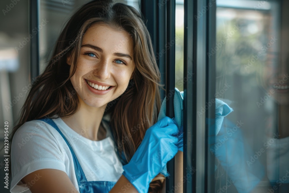 A cheerful young woman of mixed race cleaning a window with a cloth. A Hispanic woman takes pleasure in household tasks in her living space A cheerful young woman of mixed race cleaning a window with a cloth. A Hispanic woman takes pleasure in household tasks in her living space