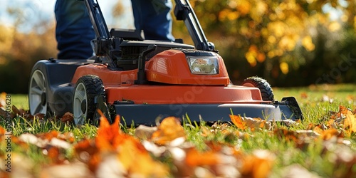 man with modern riding lawnmower mowing grass, autumn 