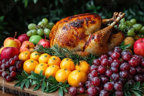 Harvest feast on a rustic wooden table with seasonal fruits, vegetables, and a golden turkey