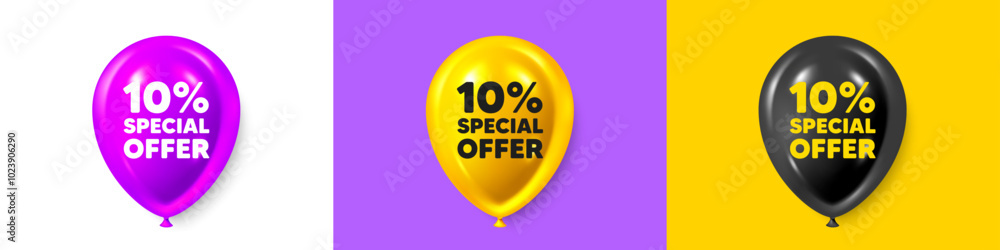 Birthday balloons 3d icons. 10 percent discount offer tag. Sale price promo sign. Special offer symbol. Discount text message. Party balloon banners with text. Birthday or sale ballon. Vector Birthday balloons 3d icons. 10 percent discount offer tag. Sale price promo sign. Special offer symbol. Discount text message. Party balloon banners with text. Birthday or sale ballon. Vector