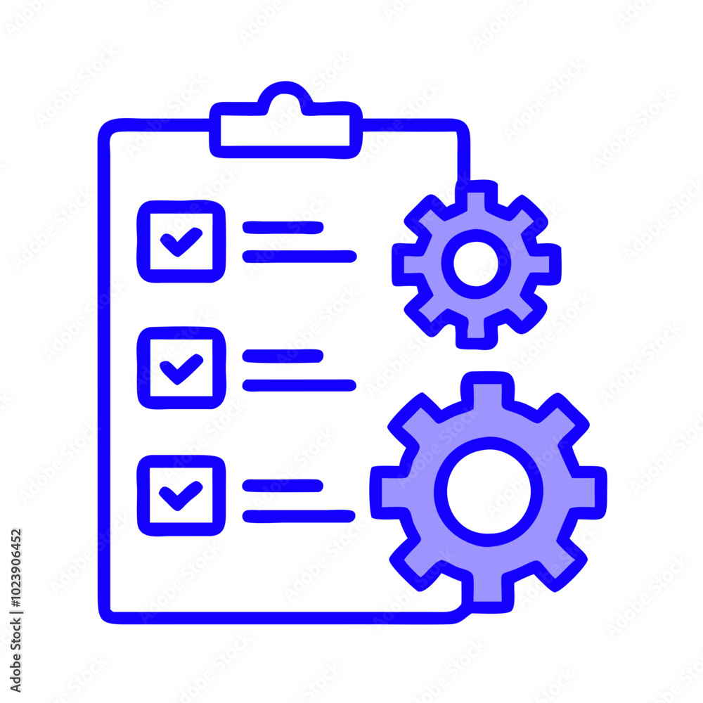 Project management checklist icon in blue outline, task automation concept Project management checklist icon in blue outline, task automation concept