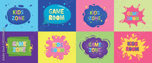 Kids club posters. Toys fun playing zone, children games party and play area poster. Kid entertainment camp poster, preschool baby education room clubs banner vector illustration set on colorful backg