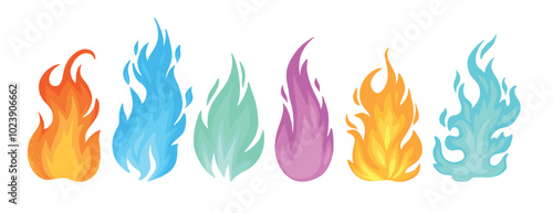 Colorful fire flames. Multicolored bonfire, burning fireballs and wildfire colored flames flat vector illustration set. Cartoon fire on white background.