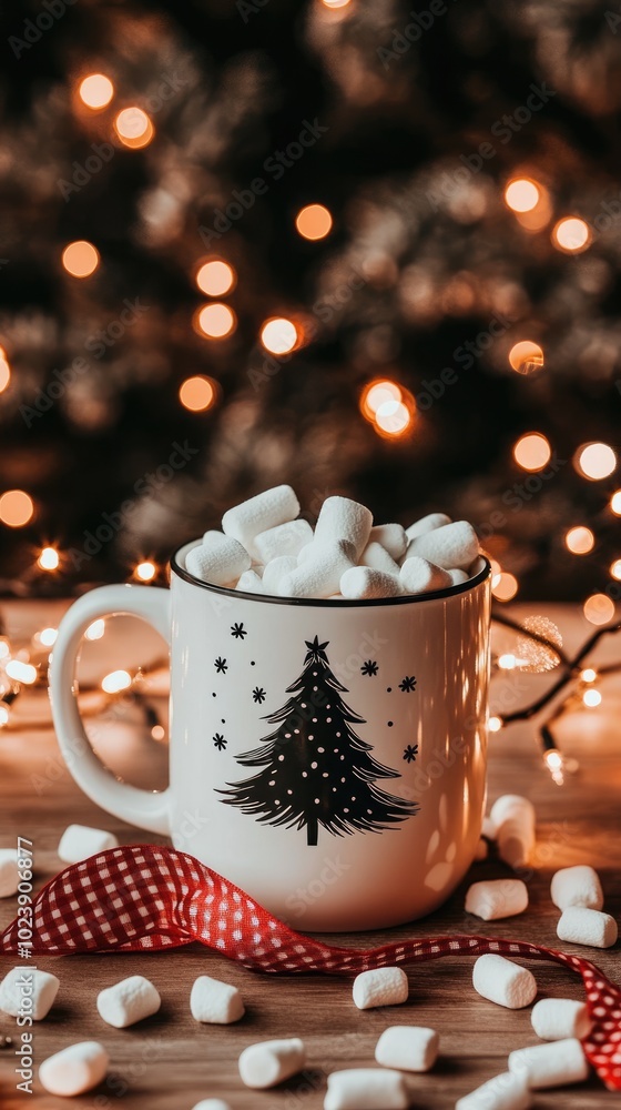 Fototapeta premium A charming mug filled with hot chocolate, featuring a Christmas tree design, is beautifully placed on a snow-covered ground illuminated by fairy lights, creating a cozy winter atmosphere