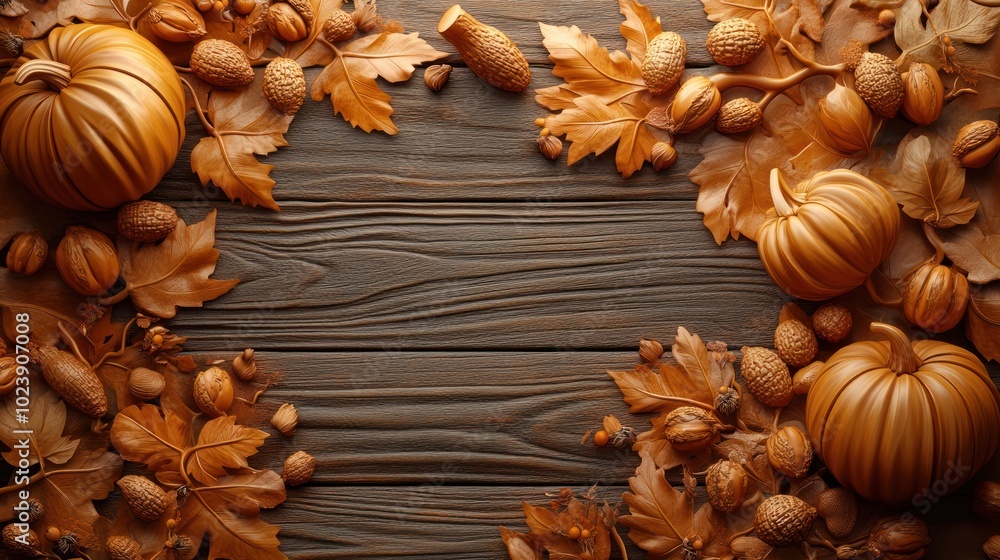 Golden Pumpkins and Leaves on Rustic Wooden Background Golden Pumpkins and Leaves on Rustic Wooden Background