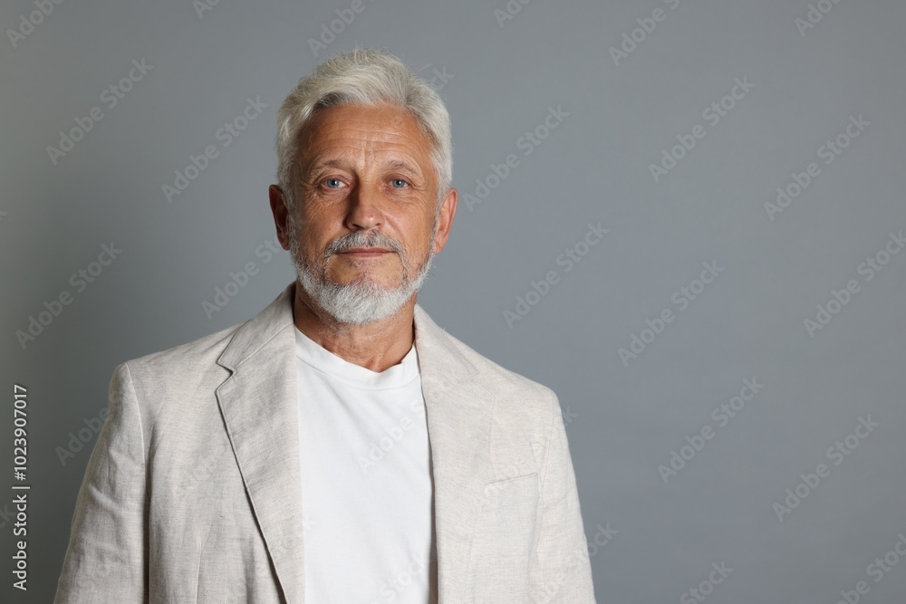 Portrait of senior man on grey background, space for text Portrait of senior man on grey background, space for text