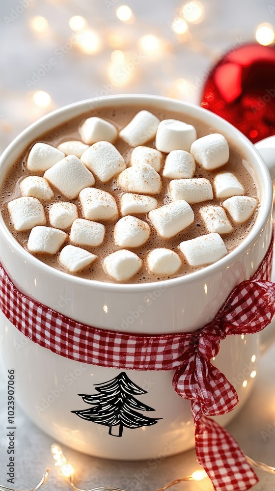 A charming mug filled with hot chocolate, featuring a Christmas tree design, is beautifully placed on a snow-covered ground illuminated by fairy lights, creating a cozy winter atmosphere A charming mug filled with hot chocolate, featuring a Christmas tree design, is beautifully placed on a snow-covered ground illuminated by fairy lights, creating a cozy winter atmosphere