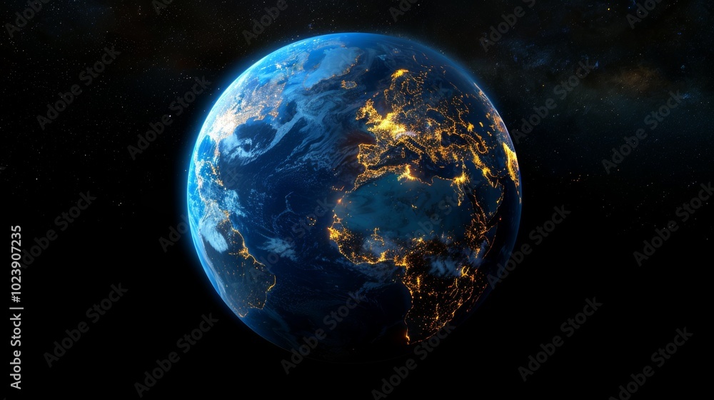 3D Earth with atmospheric clouds and night lights visible in Europe 3D Earth with atmospheric clouds and night lights visible in Europe