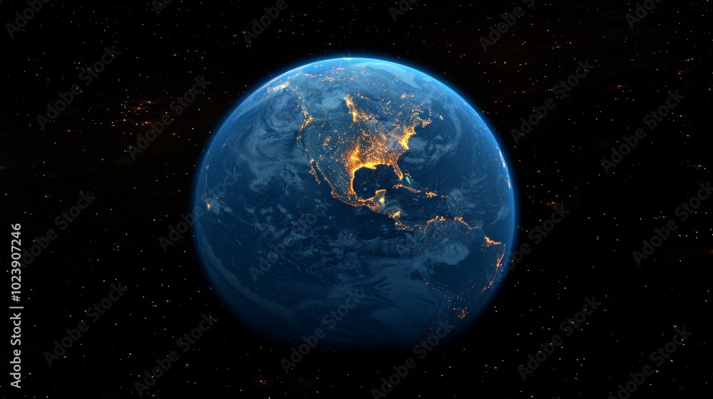 Fototapeta premium 3D Earth with atmospheric clouds and night lights visible in Europe
