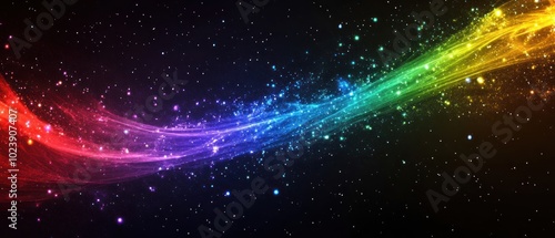 Colorful abstract glowing light streak across dark starry background.