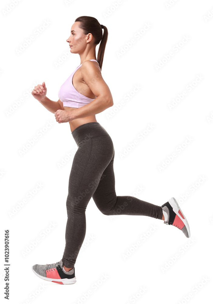 Woman in sportswear running on white background Woman in sportswear running on white background