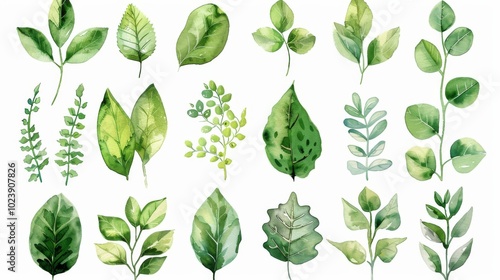 Hand drawn watercolor fresh leafy greens assortment on white background