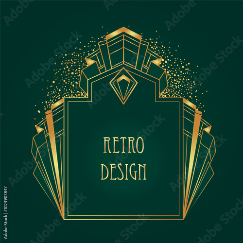 Art Deco vintage gold patterns over dark green, frames and design elements. R...