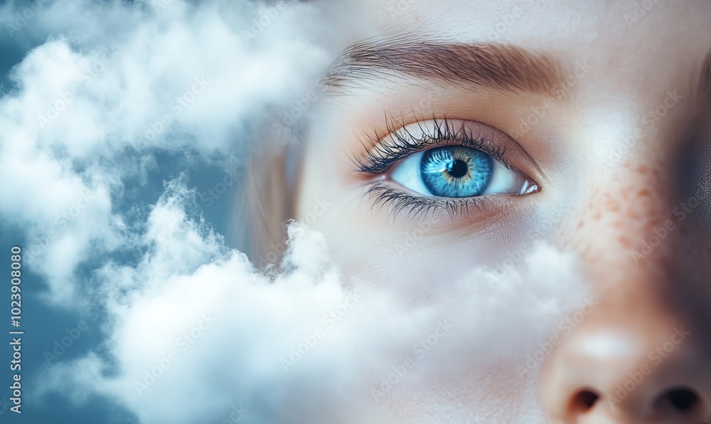 A woman with a blue eye and a cloud in the background A woman with a blue eye and a cloud in the background