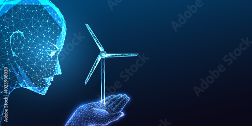 AI-driven energy, renewable solutions, clean technology concept. AI robotic head holds wind turbine 
