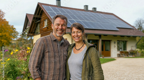 happy couple in front of large house with solar panels installed, in europe photo