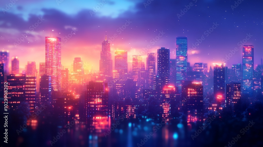 Fototapeta premium A city skyline at night with a bright orange sky