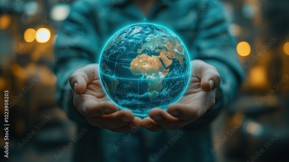 A Earth Diagram Float Just Above His Hands, With A Light Glow Outlining The Earth, And Light Clouds Above The Earth As A Symbol Of Climate Change A Earth Diagram Float Just Above His Hands, With A Light Glow Outlining The Earth, And Light Clouds Above The Earth As A Symbol Of Climate Change