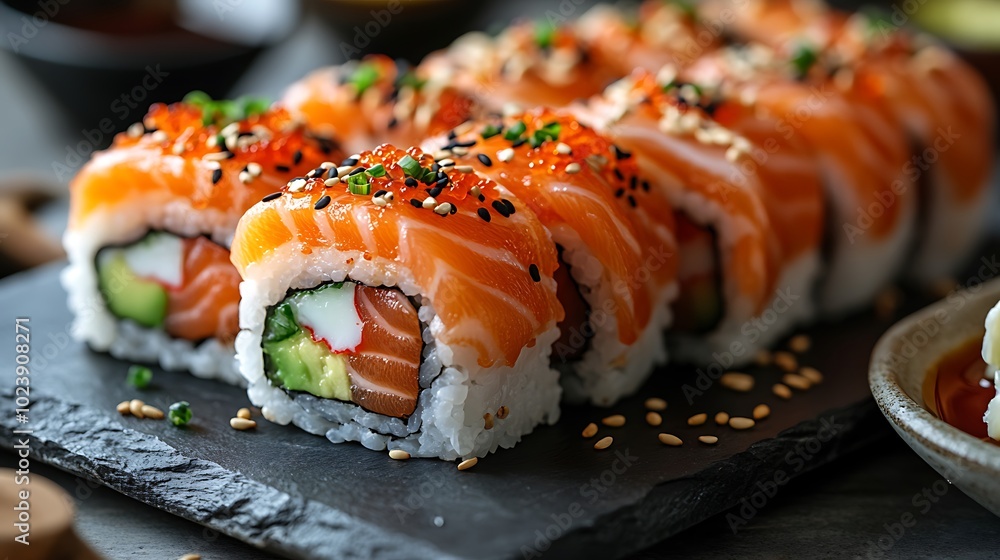 Fresh salmon, avocado, and crab sushi rolls with sesame seeds, tobiko, and green onions. Fresh salmon, avocado, and crab sushi rolls with sesame seeds, tobiko, and green onions.