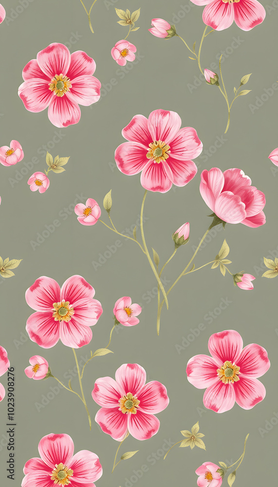 Fototapeta premium Seamless pattern cute delicate pink spring flowers isolated with white highlights, png