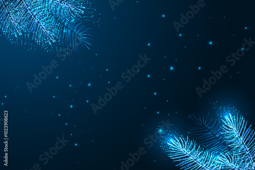 Christmas background with glowing pine branches and empty space on dark blue background. 