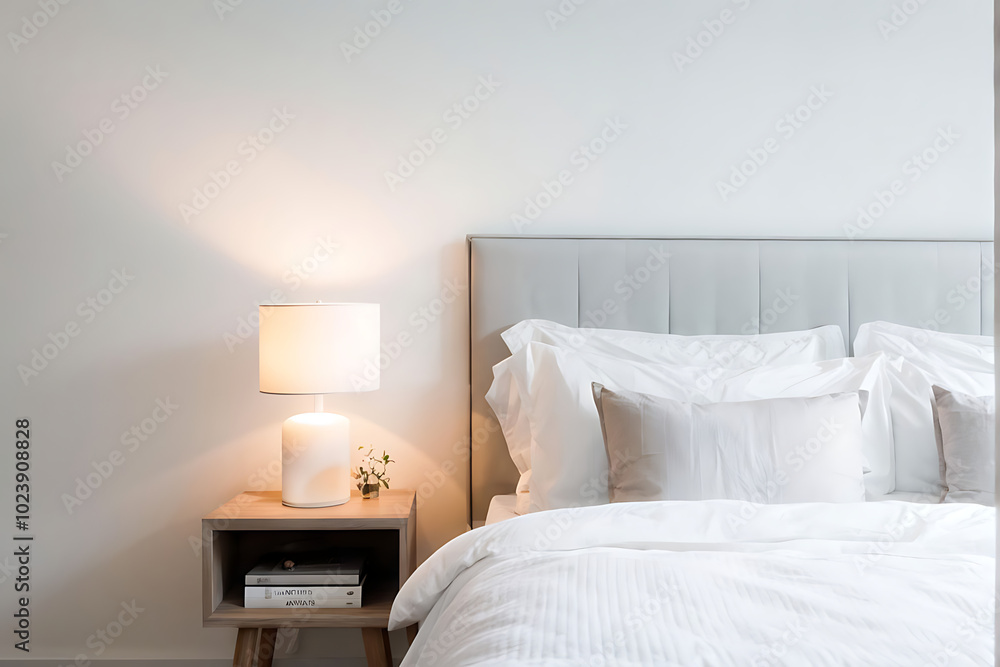 Minimalist bedroom interior with white bedding, bedside table, and a ceramic lamp casting soft light. Concept of simplicity, comfort, modern living, and peaceful home environment Minimalist bedroom interior with white bedding, bedside table, and a ceramic lamp casting soft light. Concept of simplicity, comfort, modern living, and peaceful home environment