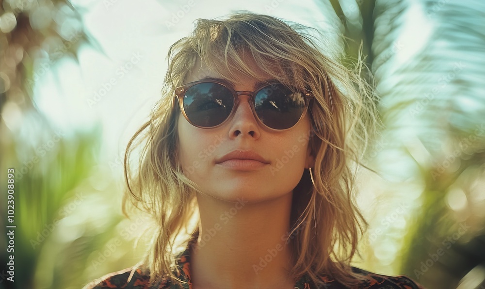 A woman with blonde hair and sunglasses on a sunny day