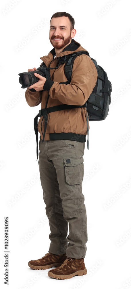 Photographer with backpack and camera on white background Photographer with backpack and camera on white background