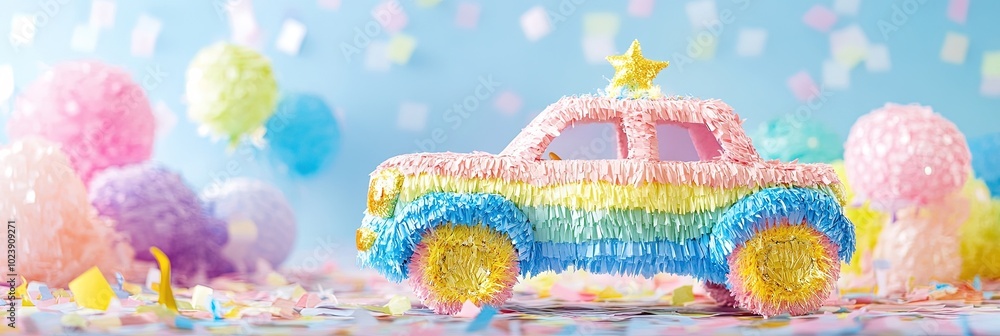 colorful kawaii car pinata, party atmosphere colorful kawaii car pinata, party atmosphere