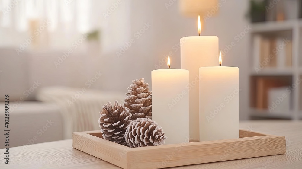 A sophisticated arrangement on a wooden tray includes frosted pinecones and white candles, creating a warm and inviting atmosphere for winter gatherings A sophisticated arrangement on a wooden tray includes frosted pinecones and white candles, creating a warm and inviting atmosphere for winter gatherings