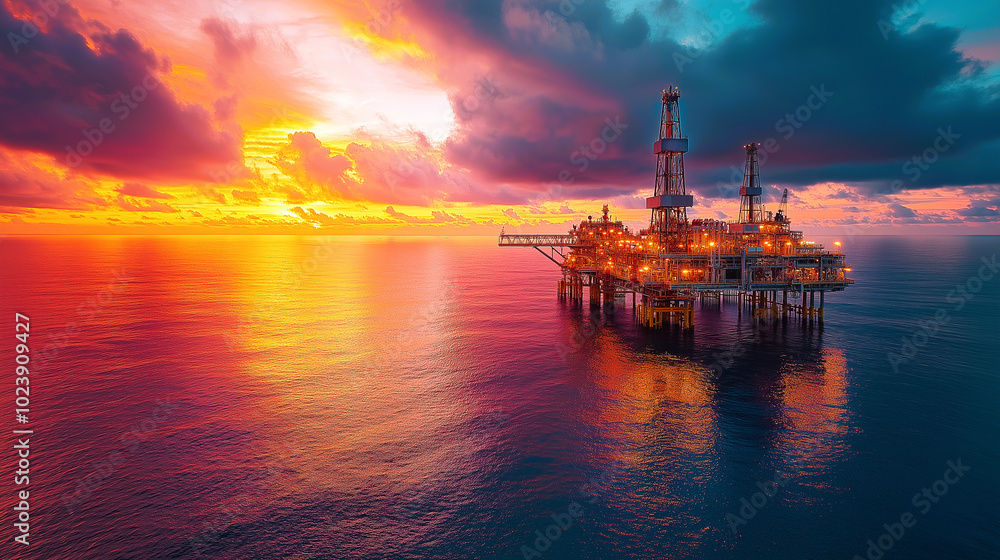 Golden hour illuminates the horizon, highlighting the industrial might of the offshore rig. Golden hour illuminates the horizon, highlighting the industrial might of the offshore rig.