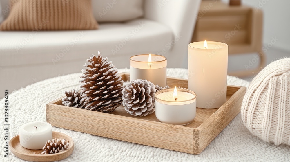 A sophisticated arrangement on a wooden tray includes frosted pinecones and white candles, creating a warm and inviting atmosphere for winter gatherings A sophisticated arrangement on a wooden tray includes frosted pinecones and white candles, creating a warm and inviting atmosphere for winter gatherings
