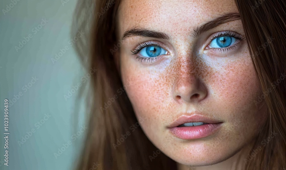 A woman with long brown hair and blue eyes is wearing makeup A woman with long brown hair and blue eyes is wearing makeup