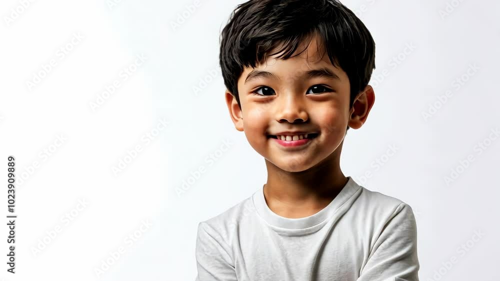 A young boy smiles brightly while looking directly at the camera A young boy smiles brightly while looking directly at the camera