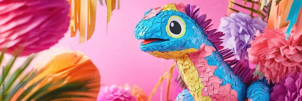colorful kawaii lizard pinata, party atmosphere colorful kawaii lizard pinata, party atmosphere