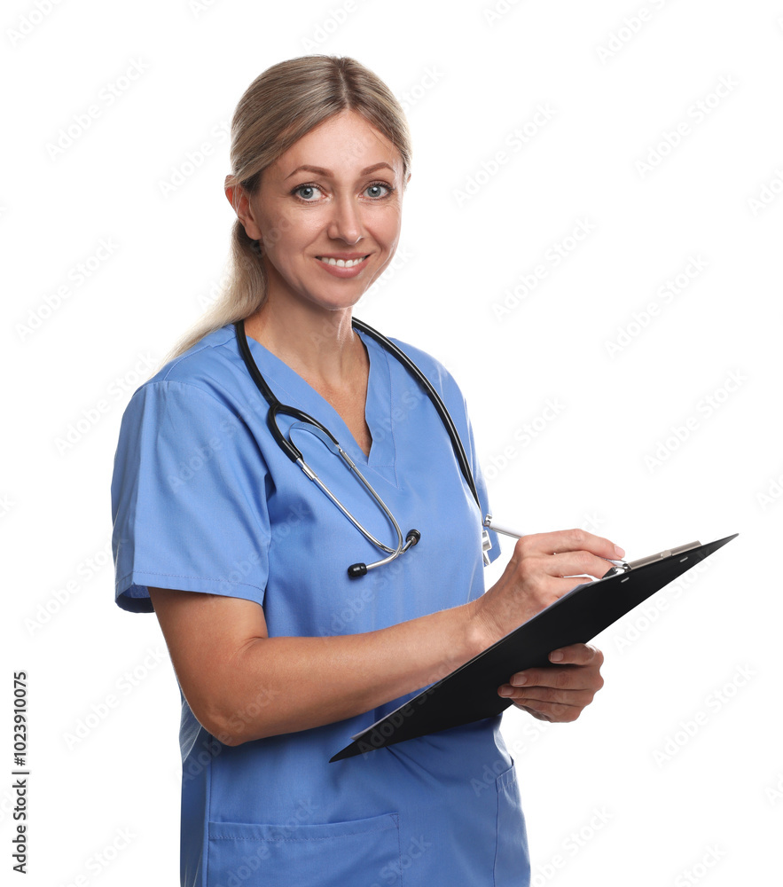Doctor in medical uniform with clipboard and stethoscope isolated on white Doctor in medical uniform with clipboard and stethoscope isolated on white