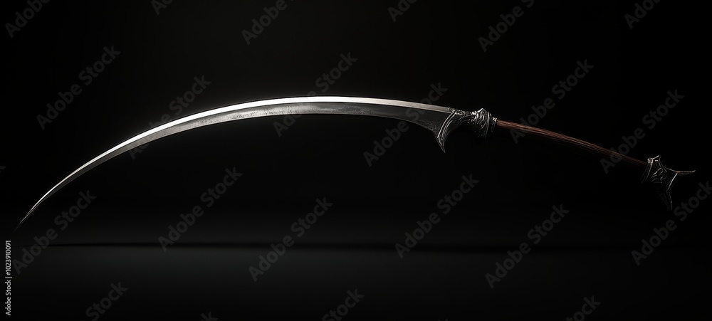A sleek, minimalist depiction of a scythe with a long, curved blade and a simple wooden handle A sleek, minimalist depiction of a scythe with a long, curved blade and a simple wooden handle