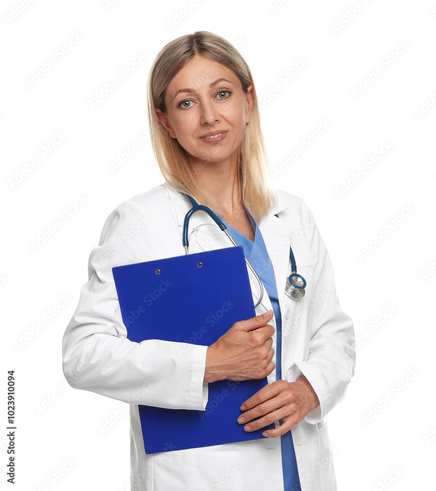 Portrait of doctor in medical uniform with stethoscope and clipboard isolated on white Portrait of doctor in medical uniform with stethoscope and clipboard isolated on white