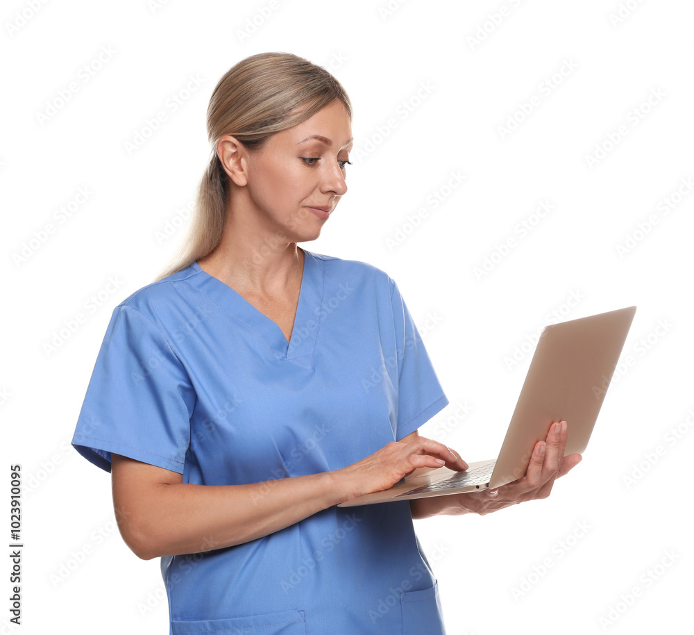 Doctor in medical uniform with laptop isolated on white Doctor in medical uniform with laptop isolated on white