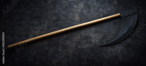 A sleek, minimalist depiction of a scythe with a long, curved blade and a simple wooden handle