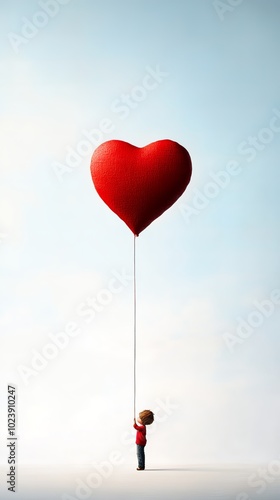 Minimalistic scene of a red heart balloon drifting in a serene sky, creating a sense of love and calm, ideal for romantic concepts, Valentine's Day cards, and peaceful visuals. Love commercial