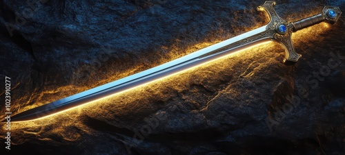 A sleek, minimalist sword with a glowing aura surrounding the blade, featuring simple, clean lines and a magical gemstone embedded in the hilt