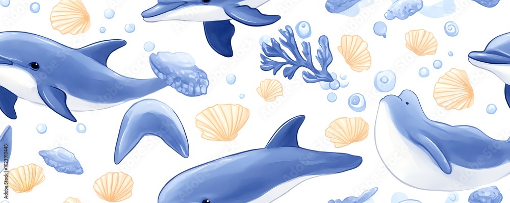 Seamless pattern with dolphins and seashells Seamless pattern with dolphins and seashells