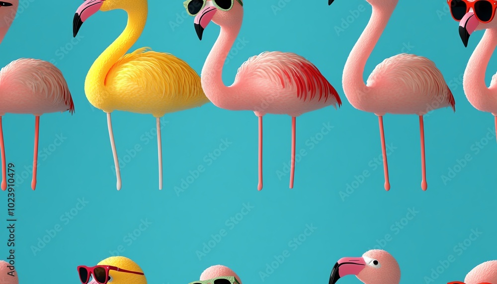 Fototapeta premium Pink and Yellow Flamingos with Sunglasses